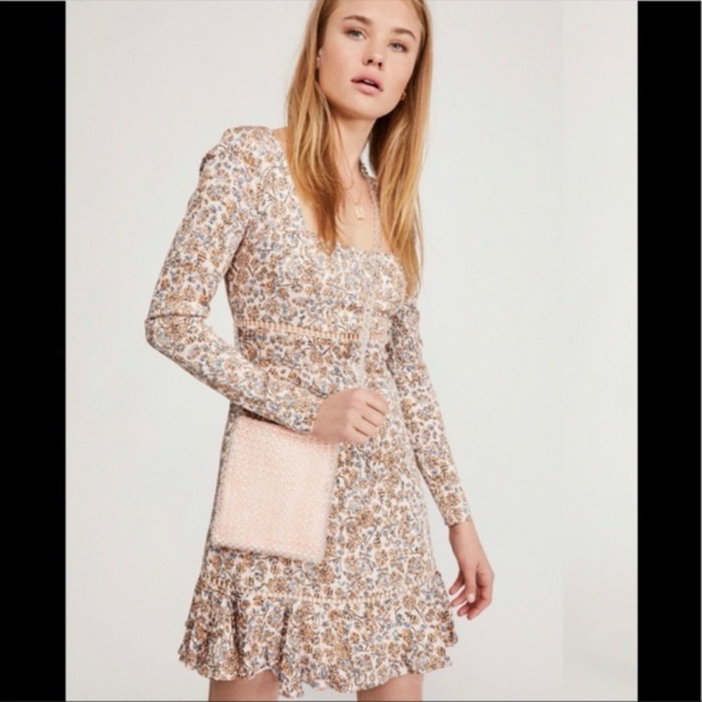 Free People Floral Long Sleeve Mini Dress with Ruffle Hem